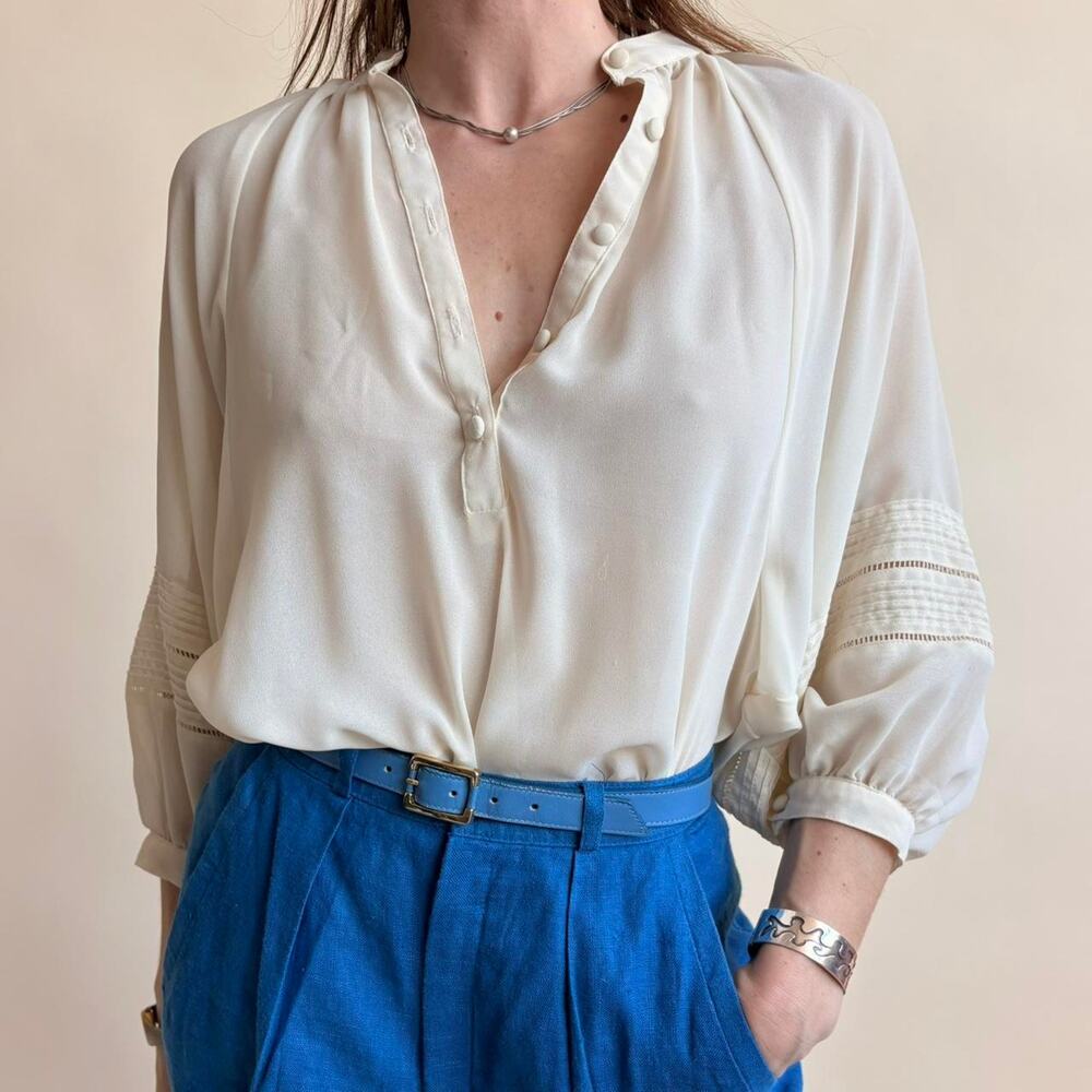 Lloyd Williams Sheer Balloon Sleeve Top - White, Size Small